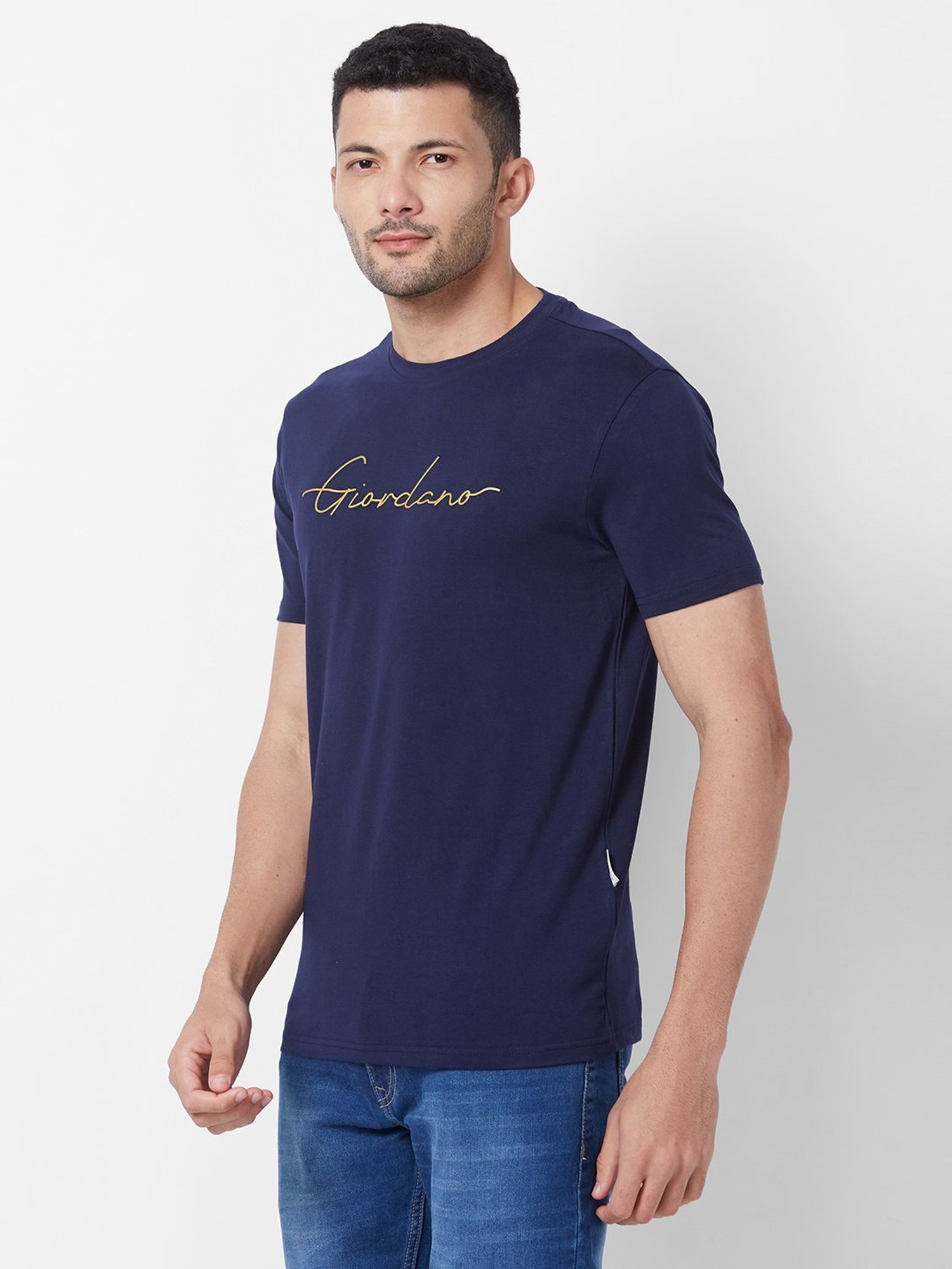 Giordano Navy Cotton Slim Fit Printed T-Shirt