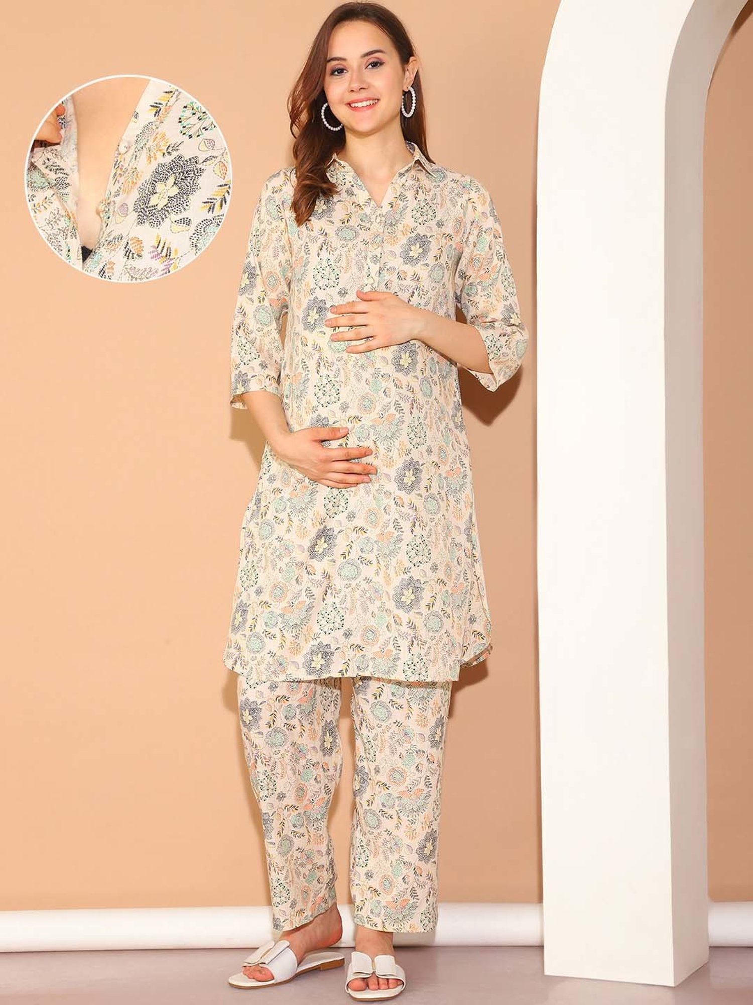 Moms Maternity Beige Floral Print Maternity Kurta & Pants