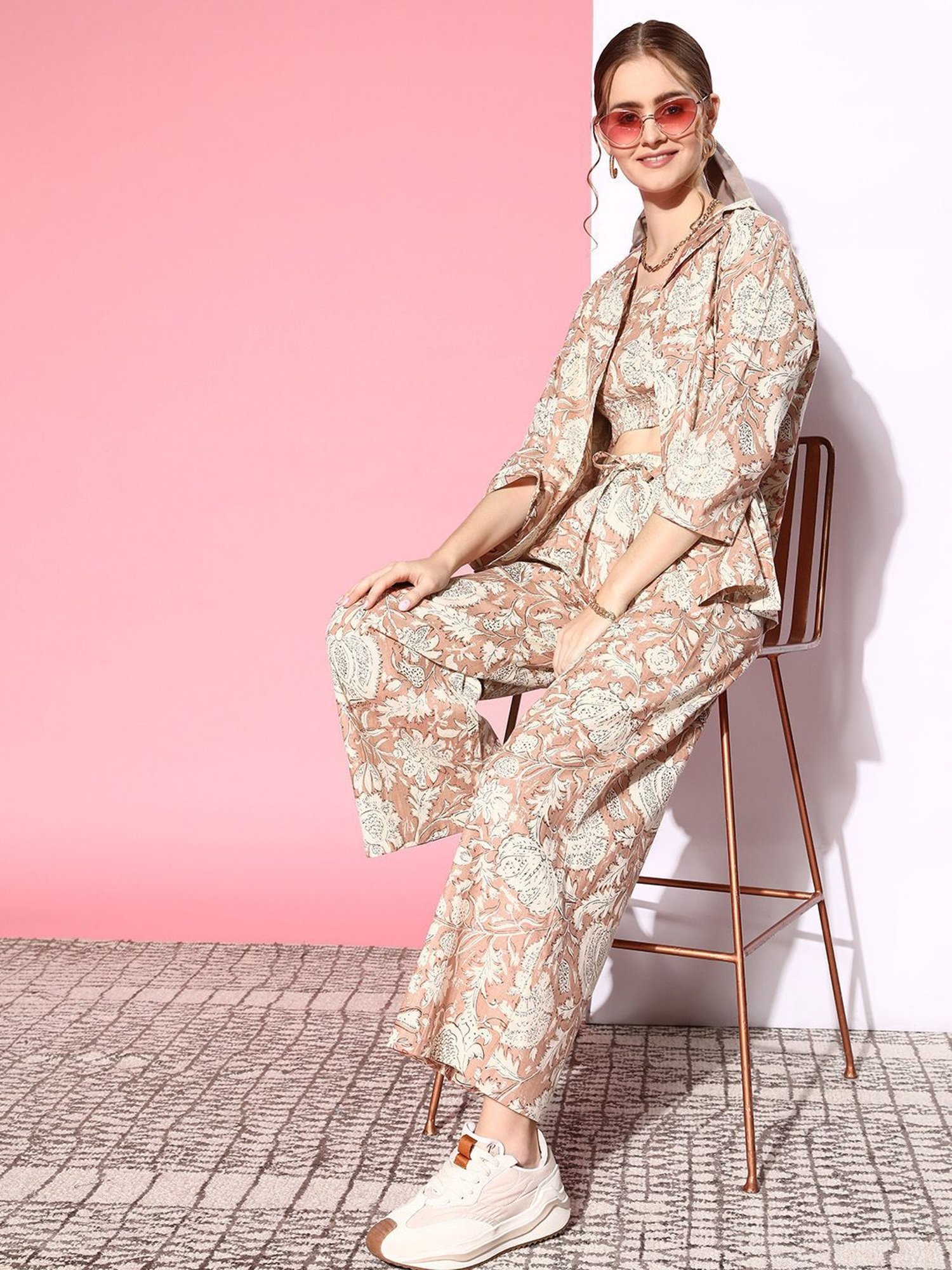 Prakrti Brown Cotton Printed Crop Top Pant Set With Overlay