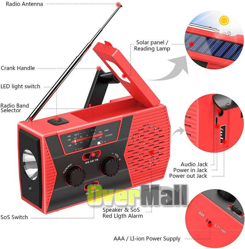 Emergency Solar Weather AM/FM Radio SOS Searchlight Handheld Spotlight Flashligh
