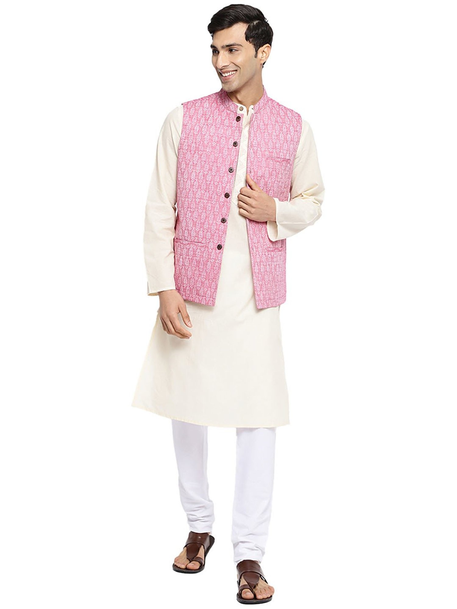 Fabindia Pink Regular Fit Printed Nehru Jacket