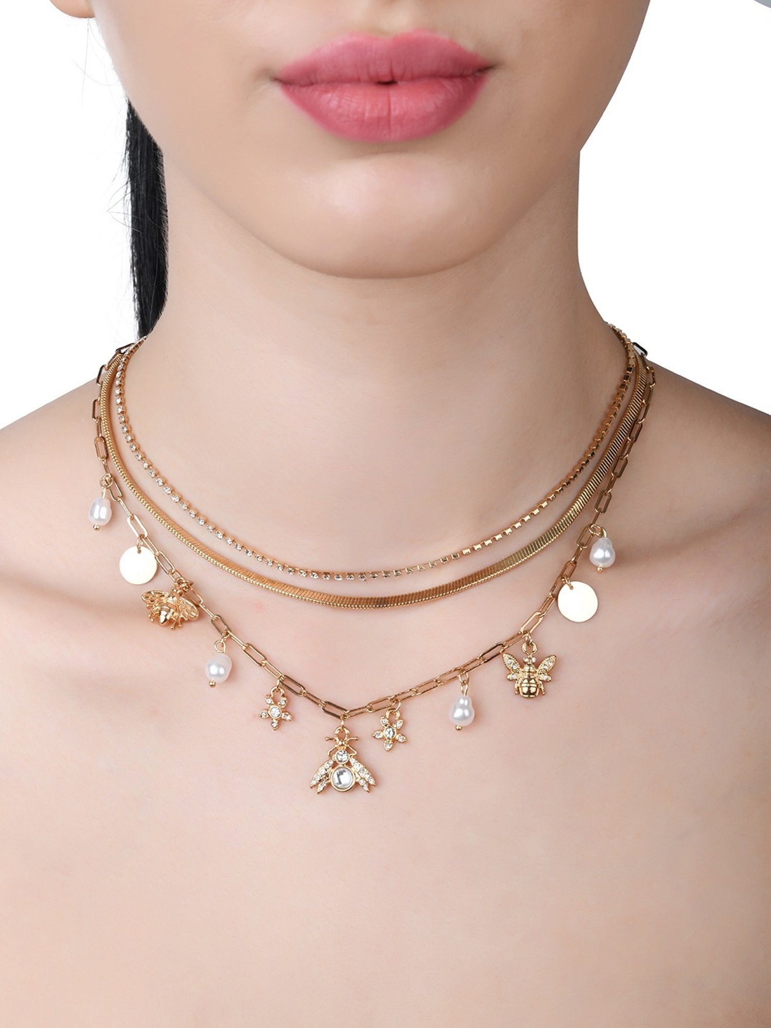 Lilly & Sparkle Gold Toned Three-Layered Necklace with Cup Chain, Pearl, and Insects Charms