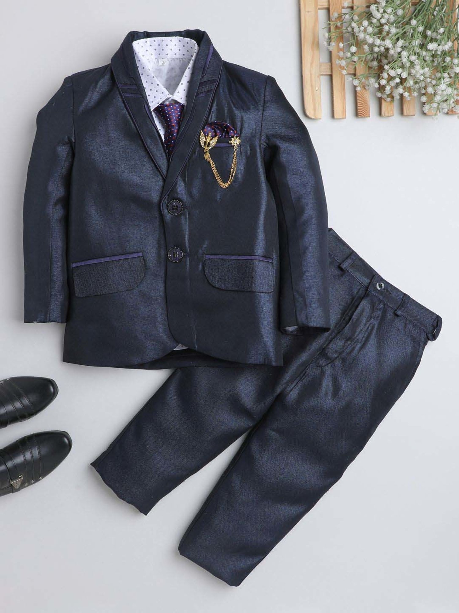 Fourfolds Boys Steelblue Solid Full Sleeves Suit Set