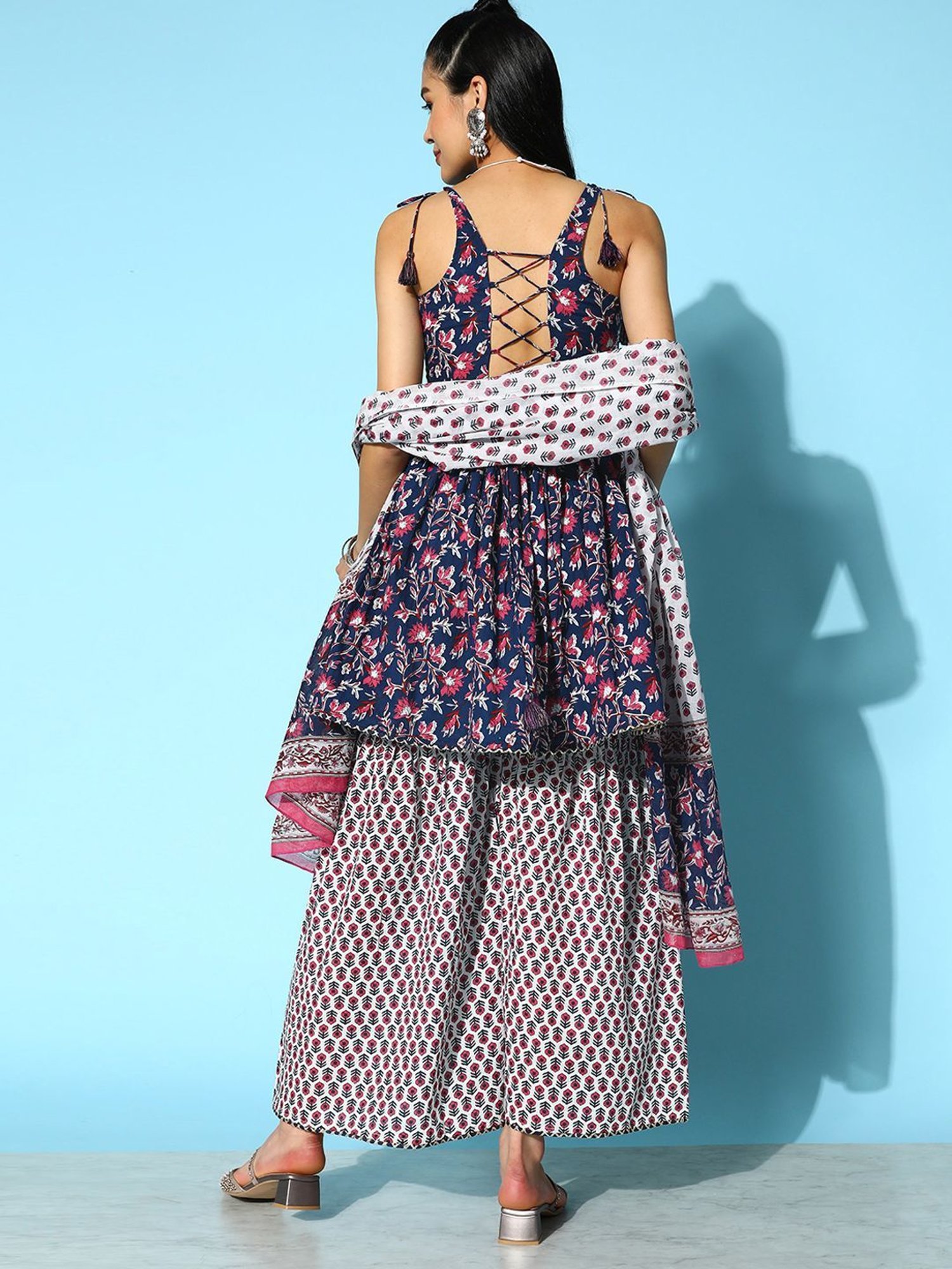 Prakrti Navy Cotton Printed Kurti Sharara Set With Dupatta