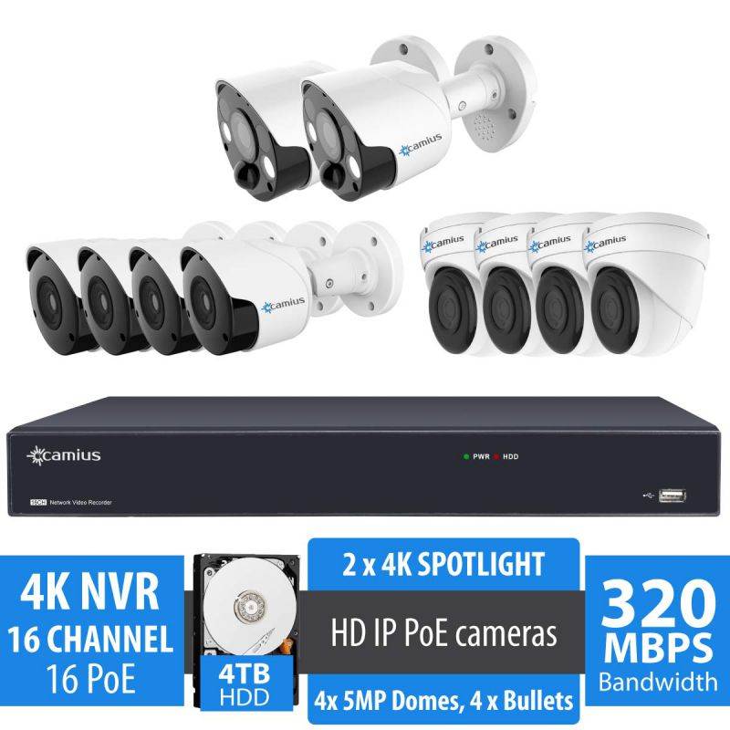 Camius 4K 16 Channel NVR System with 4TB HDD, 2 x 8MP PoE Spotlight Camera with 2-way audio, siren, 4 x Dome and 4 Bullet 5MP IP cameras with a built-in microphone - color night vision &ndash; 16PN2S84B4I4T