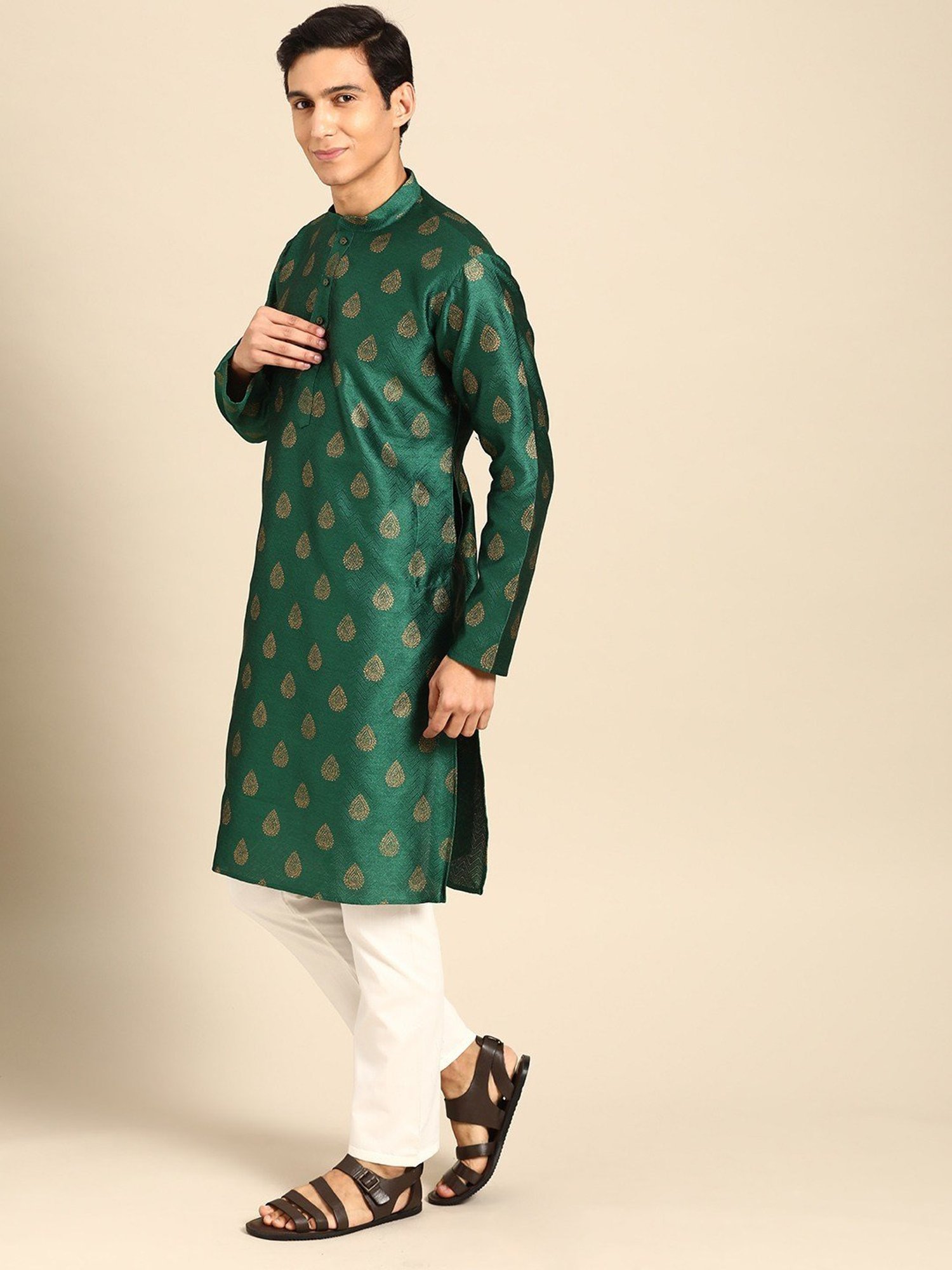 ManQ Green & White Regular Fit Printed Kurta Bottom Set