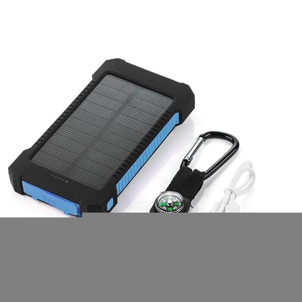 iMeshbean Portable Dual USB Solar Battery Charger Power Bank 10000mAhPhone Charger with Carabiner LED Lights (Blue)