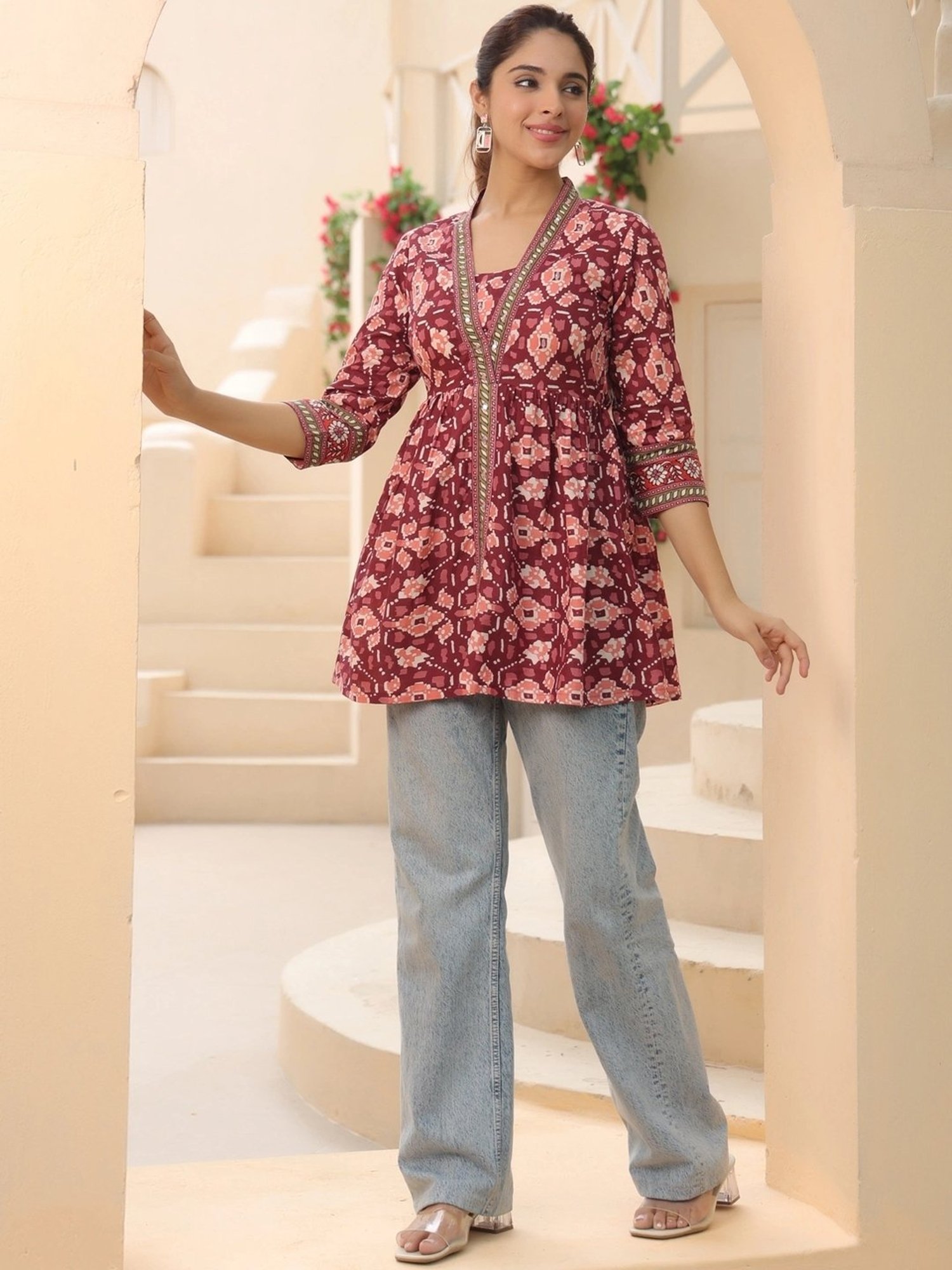 Rain and Rainbow Maroon Cotton Printed Top