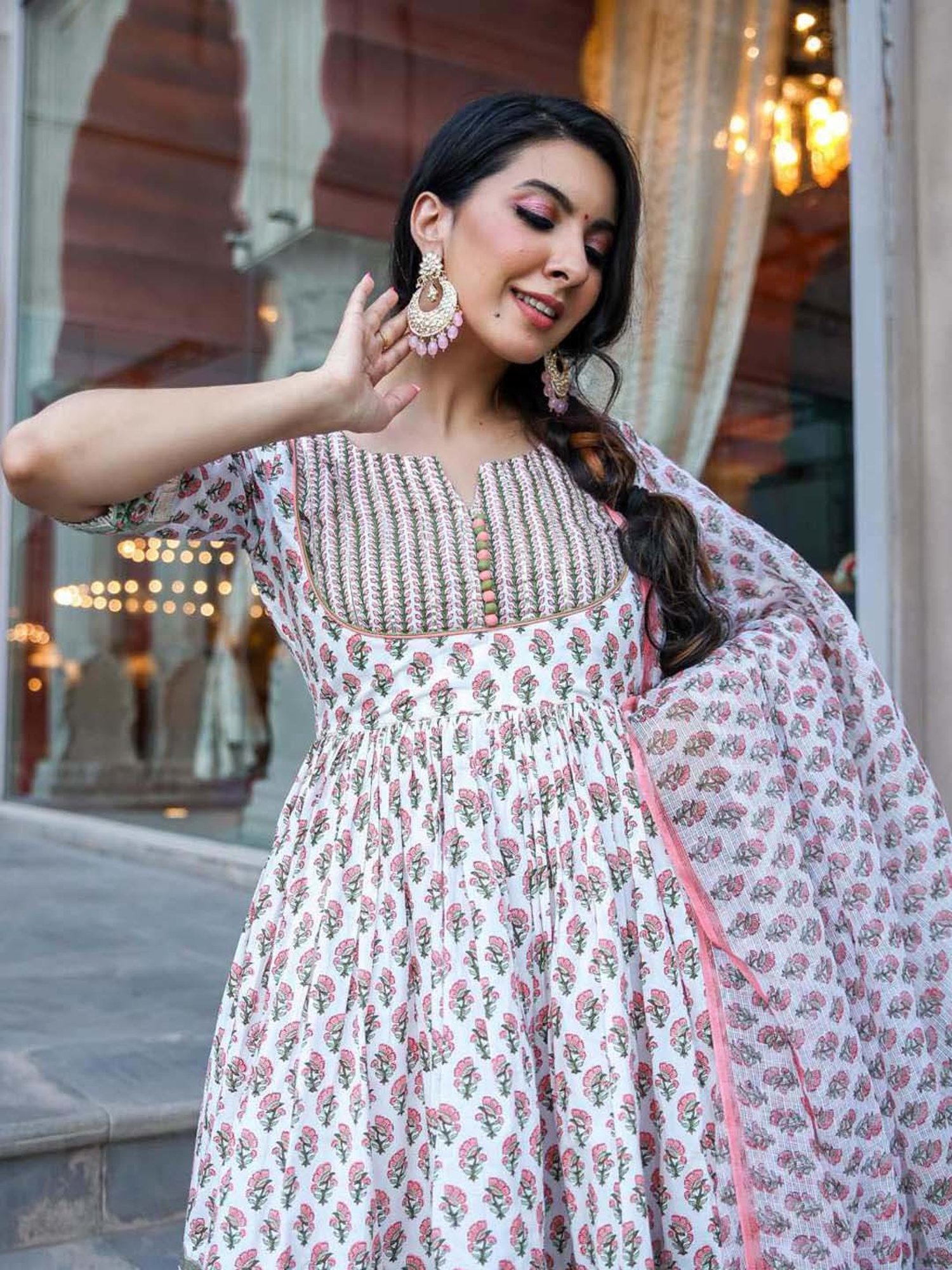 AACHHO White Cotton Floral Print Kurti Sharara Set With Dupatta