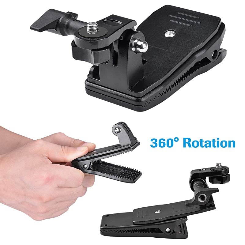 3in1 AntiSlide 360 Degree Rotary Action Camera Clamp Mount Kit Waterproof Motion Camcorder Backpack Strap Clip Holder RecMount Compatible with GoPro Sony DJI OSMO Action Akaso Sports DV