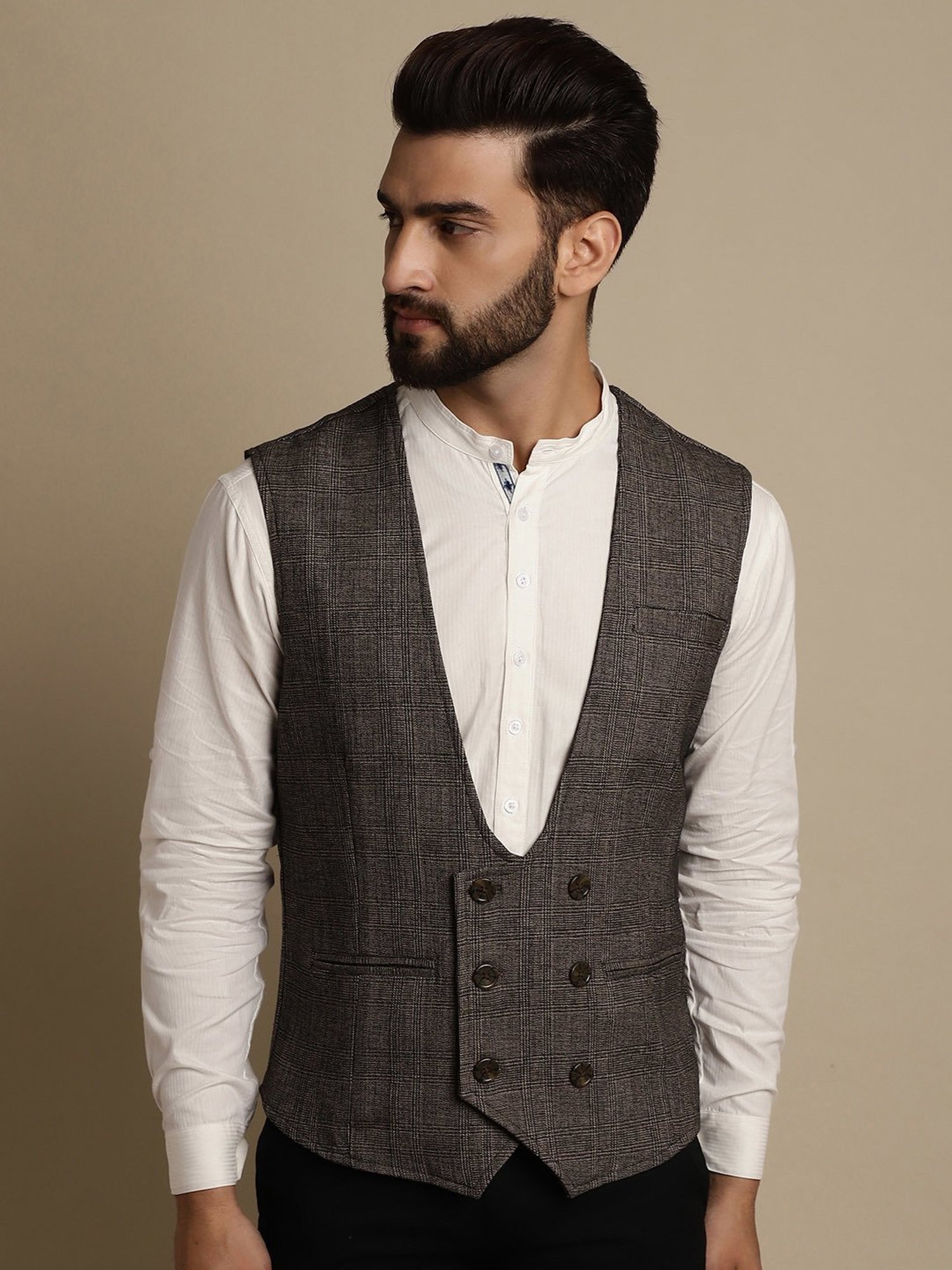 Even Brown Regular Fit V Neck Check Waistcoat