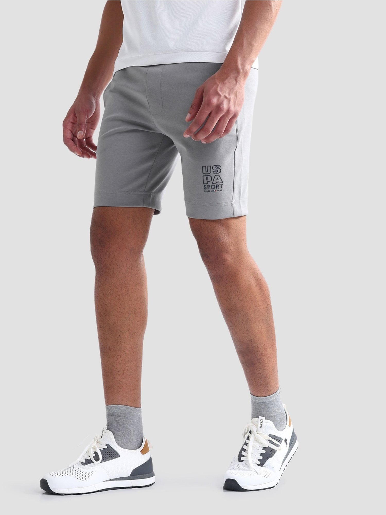 USPA Active Grey Slim Fit Logo Printed Sports Shorts
