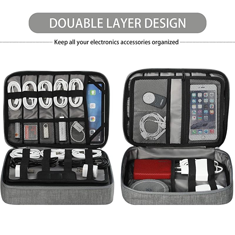 Electronics Organizer,  Electronic Accessories Double Layer Travel Cable Organizer Cord Storage Bag for Cables, iPad (Up to 12.9''), Power Bank, USB Flash Drive and More-Large (Gray)