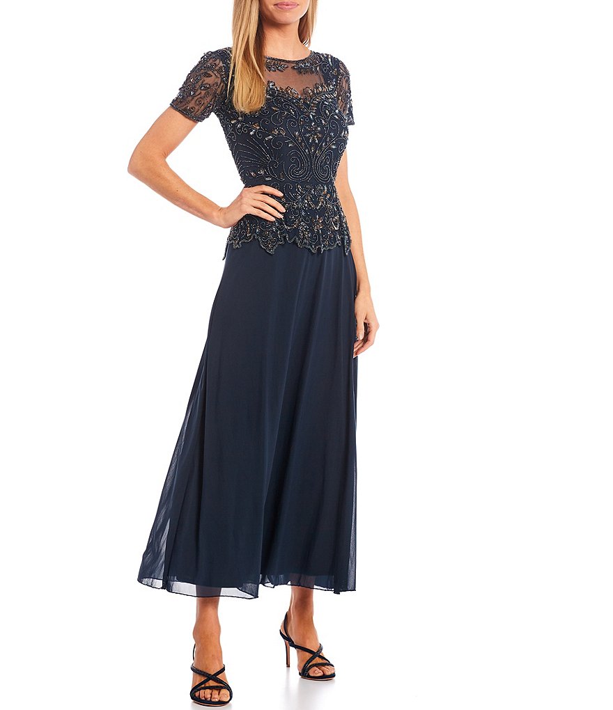 Pisarro Nights Petite Size Beaded Bodice Illusion Boat Neck Short Sleeve Gown
