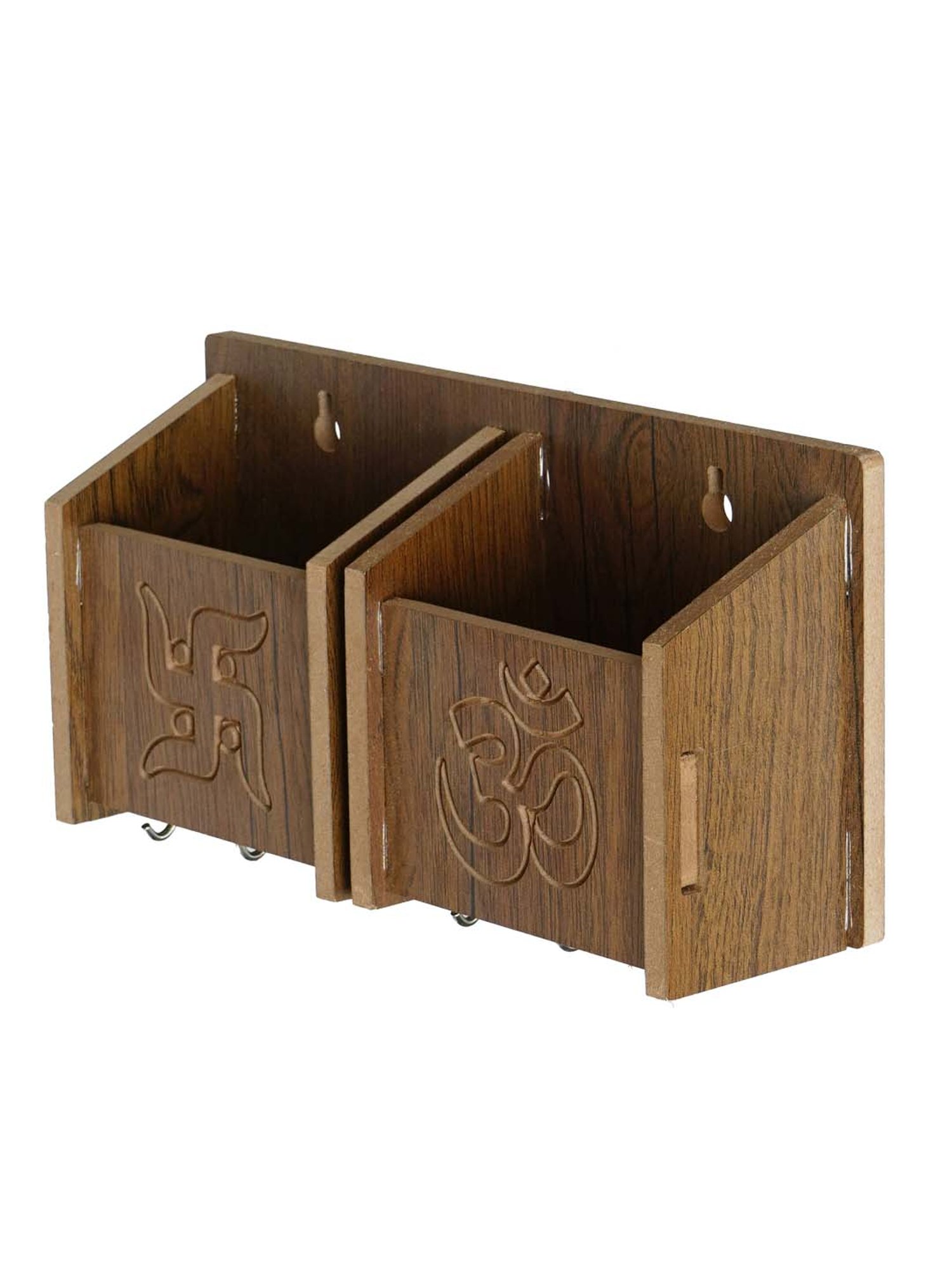 eCraftIndia Brown Wooden 6-in-1 Hook 'Swastik And Om' Keyholder With Shelf