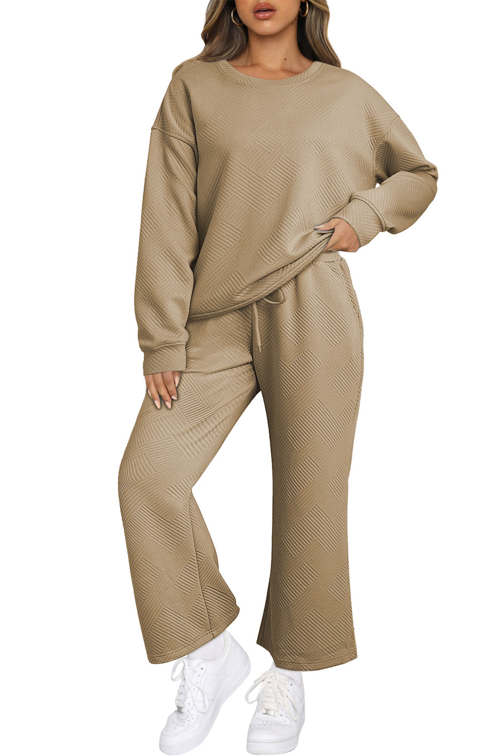 Dark Khaki Textured Loose Slouchy Long Sleeve Top and Pants Set