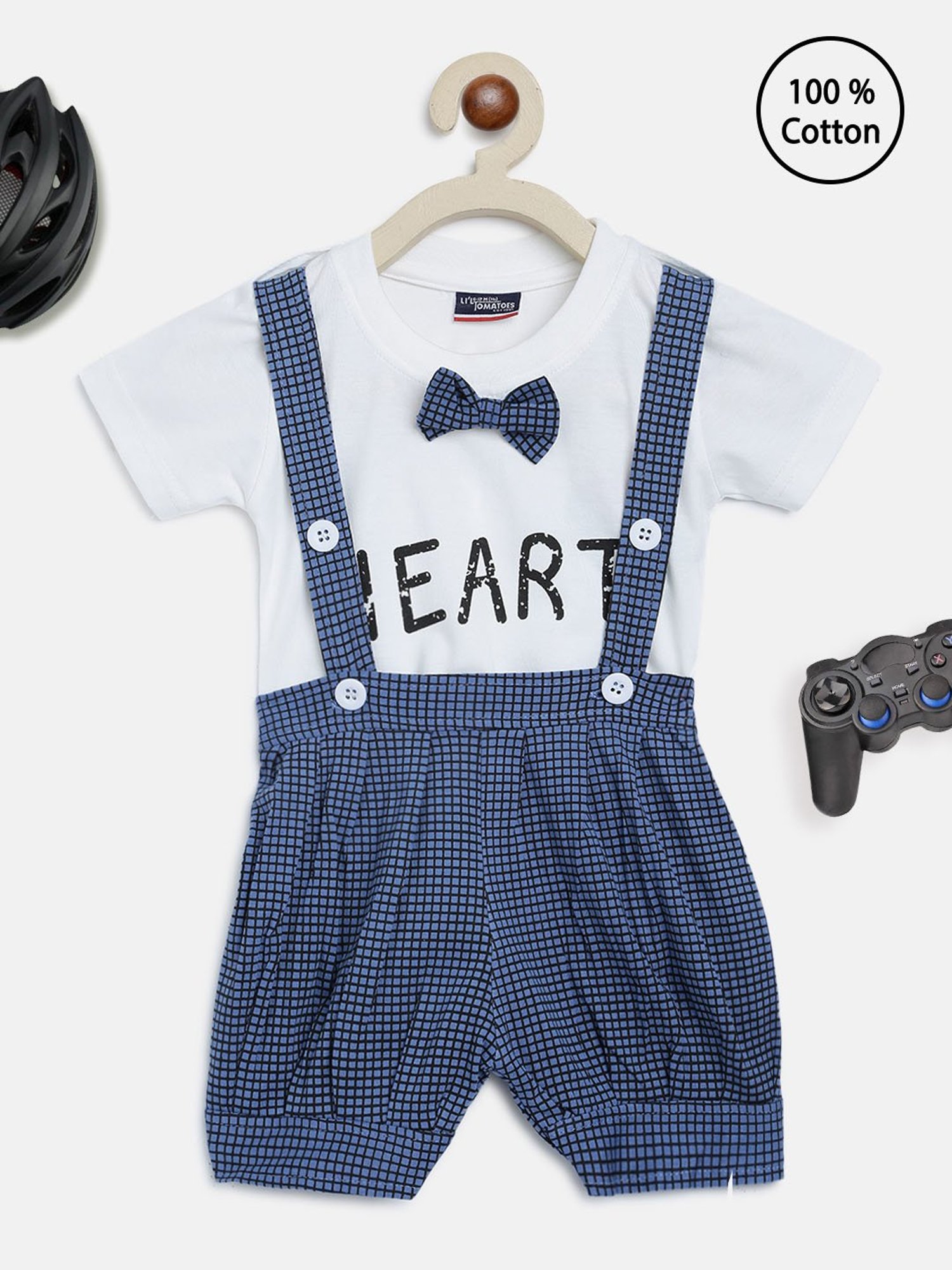 Li'l Tomatoes Kids White & Blue Checks T-Shirt with Dungaree