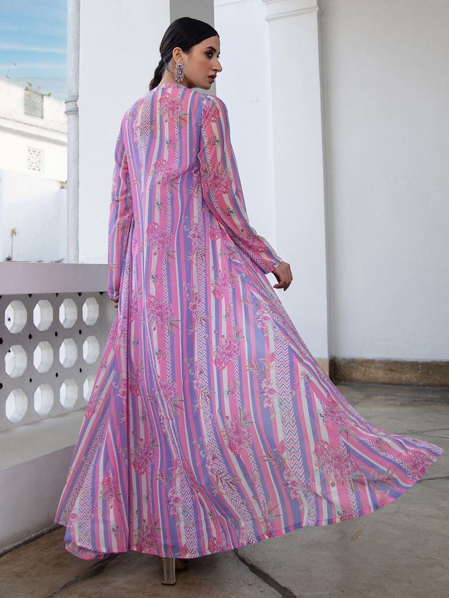 Janasya Purple & Pink Printed Top Palazzo Set With Jacket