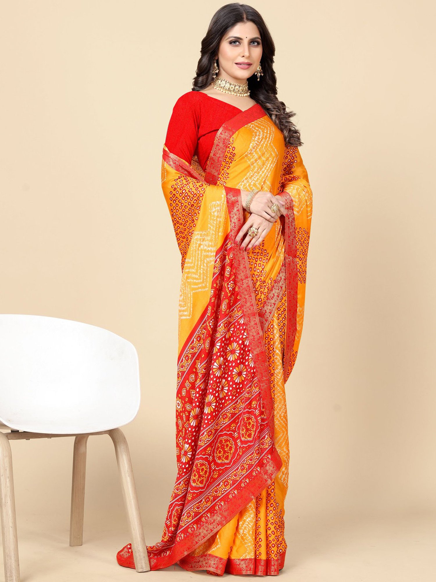 Rangita Yellow & Red Printed Saree With Unstitched Blouse
