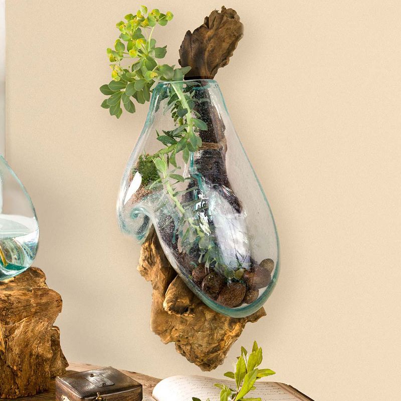 VivaTerra Teak and Blown Glass Hanging Vase