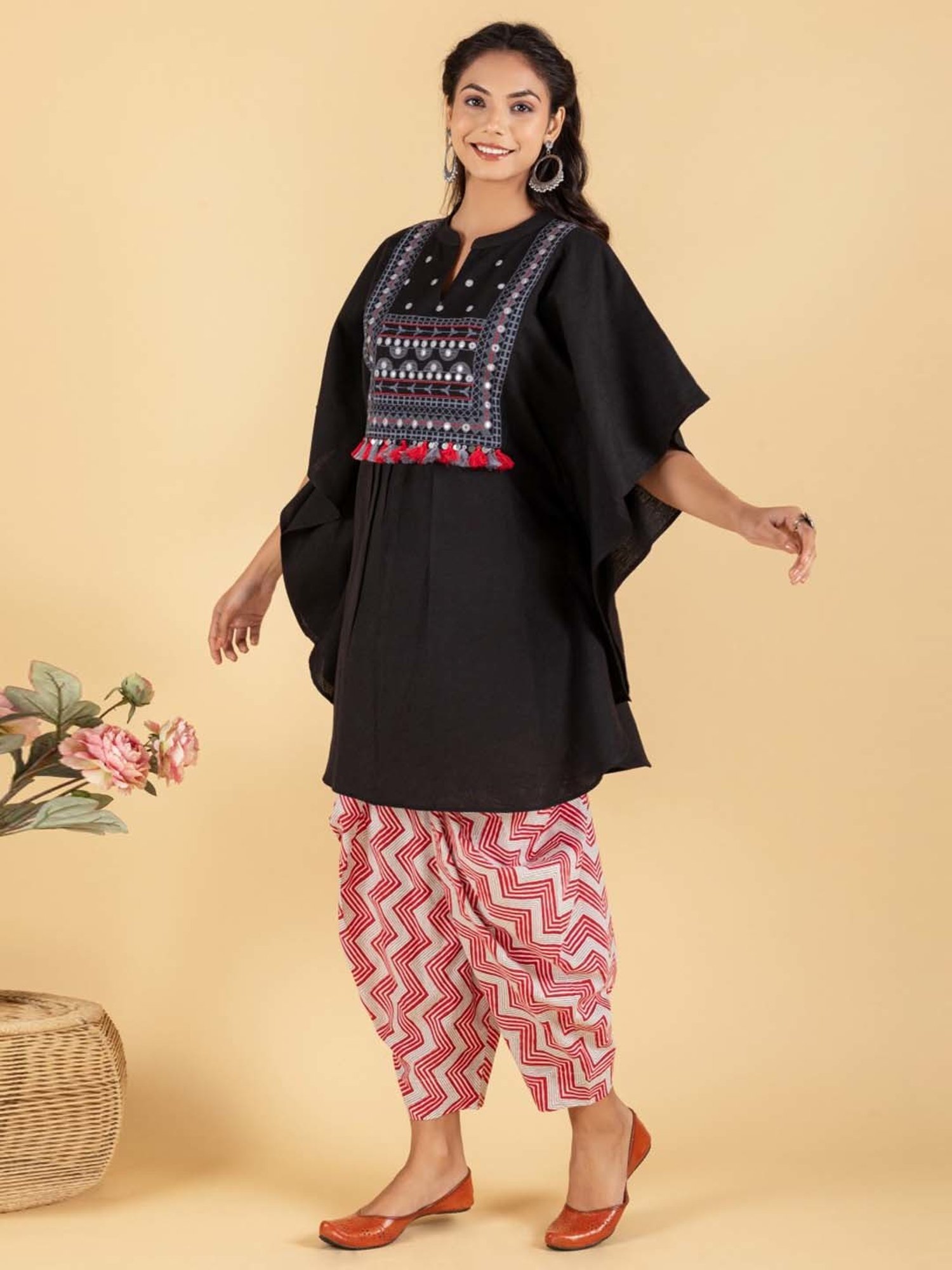 Ekohum Black, Red & White Mirror Embroidered Kaftan with Zig-Zag Print Dhoti