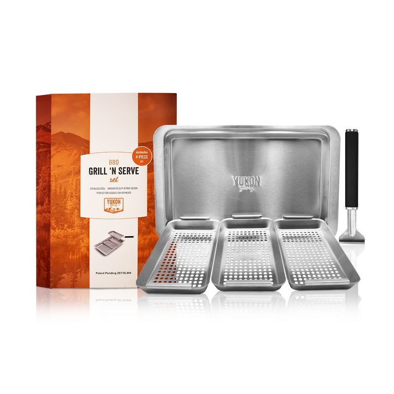 Yukon Glory Grill 'n' Serve BBQ Basket Set, Revolutionary Grill to Table Design, Includes 3 BBQ Baskets, Serving Tray and Patented Clip-on Handle.