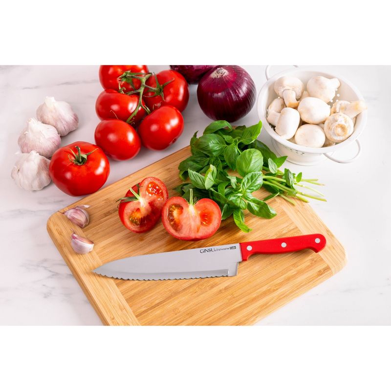 Ginsu Kiso Dishwasher Safe 14pc Knife Block Set Natural with Red Handles