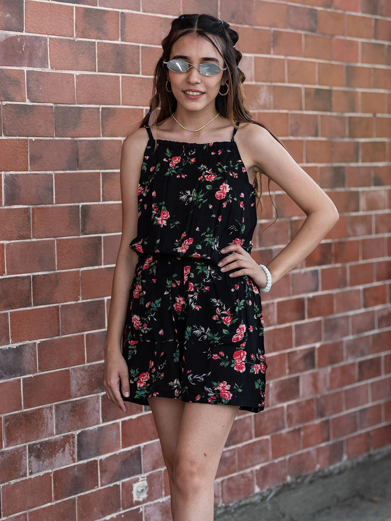 TeenTrums Girls Black Floral Print Playsuit