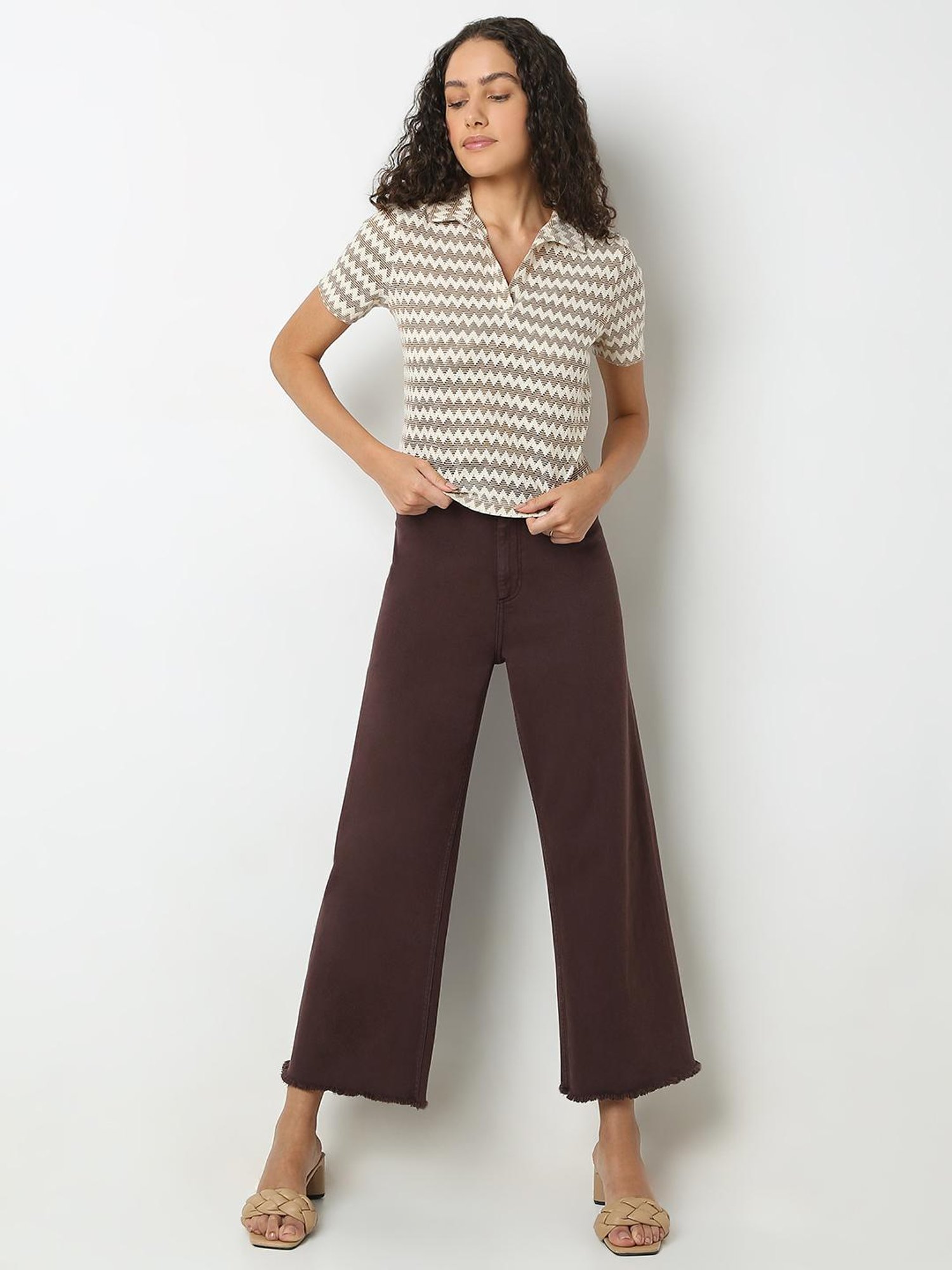 Vero Moda Brown & White Cotton Self Design Polo T-Shirt