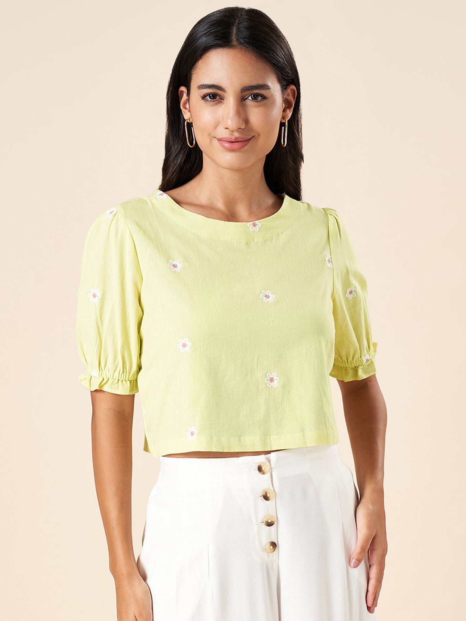 Akkriti by Pantaloons Lime Green Cotton Embroidered Crop Top