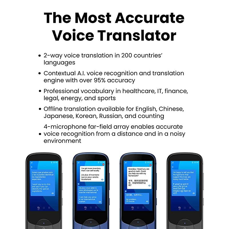 Language Translator Device with Unlimited 2-Year Global Data (No WiFi Need) 200+ Countries 95+% Accuracy Instant Real-time Voice Translation & Offline Translation w/Bluetooth & 4G/LTE (Blue)