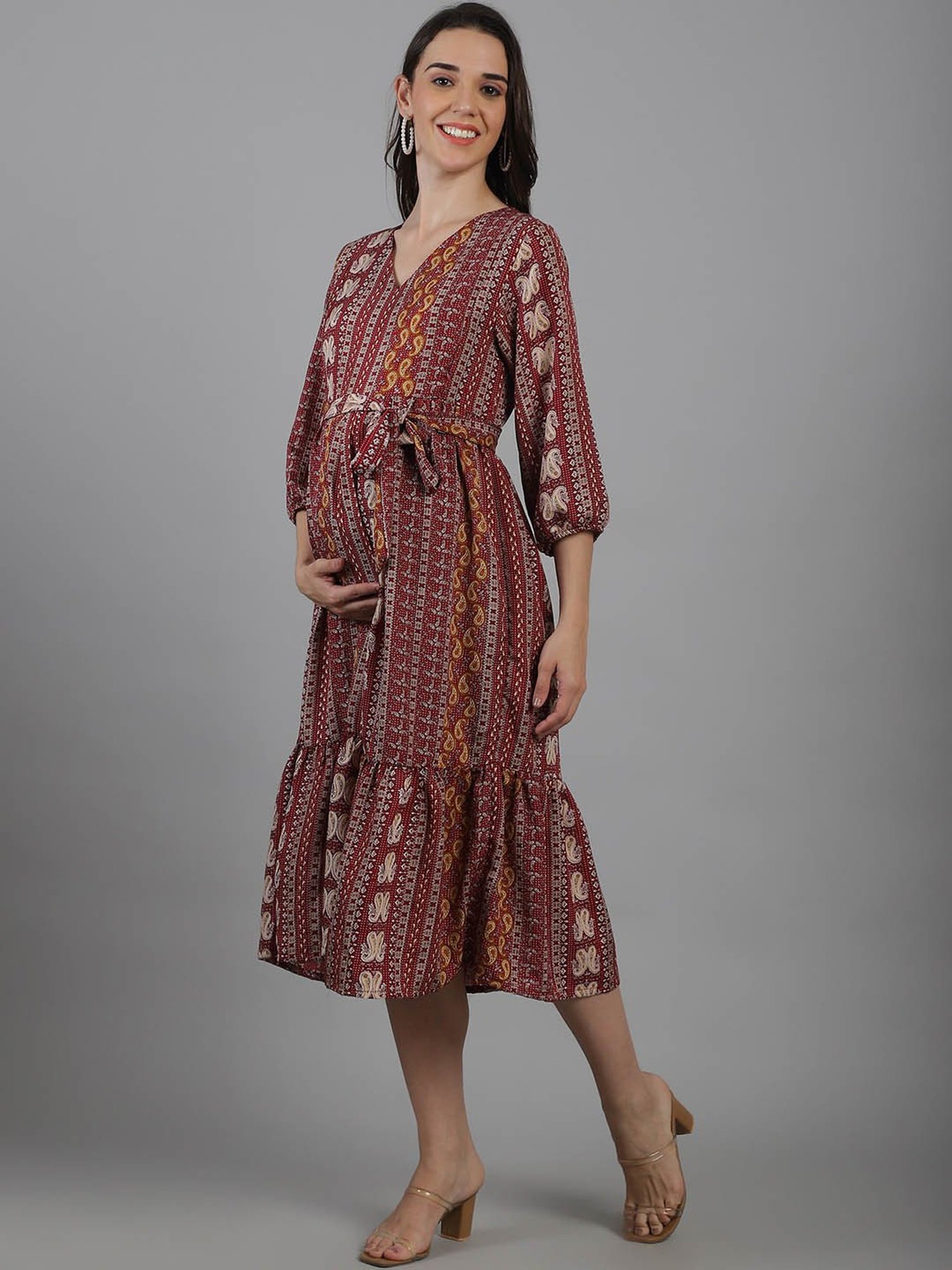 Moms Maternity Maroon Printed Maternity Midi Dress