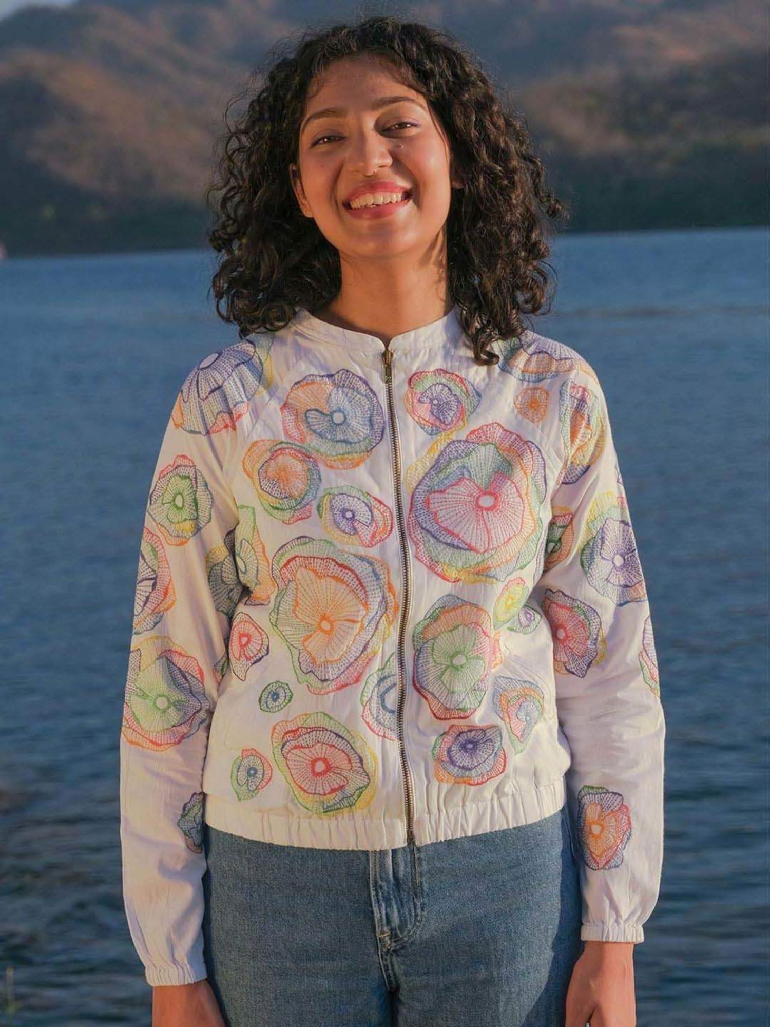 Okhai Holi White Pure Cotton Hand Embroidered Jacket