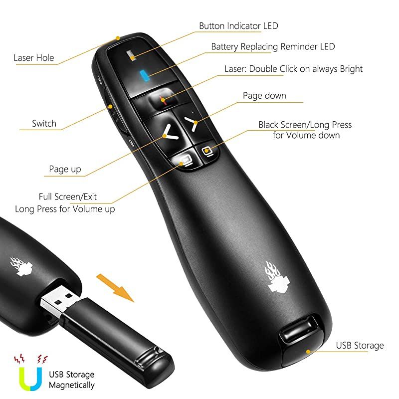 Clicker Remote Laser Pointer Wireless USB Presenter Slideshow PowerPoint Clicker Compatible with Win10 MAC Support PPT Keynote Google Slides