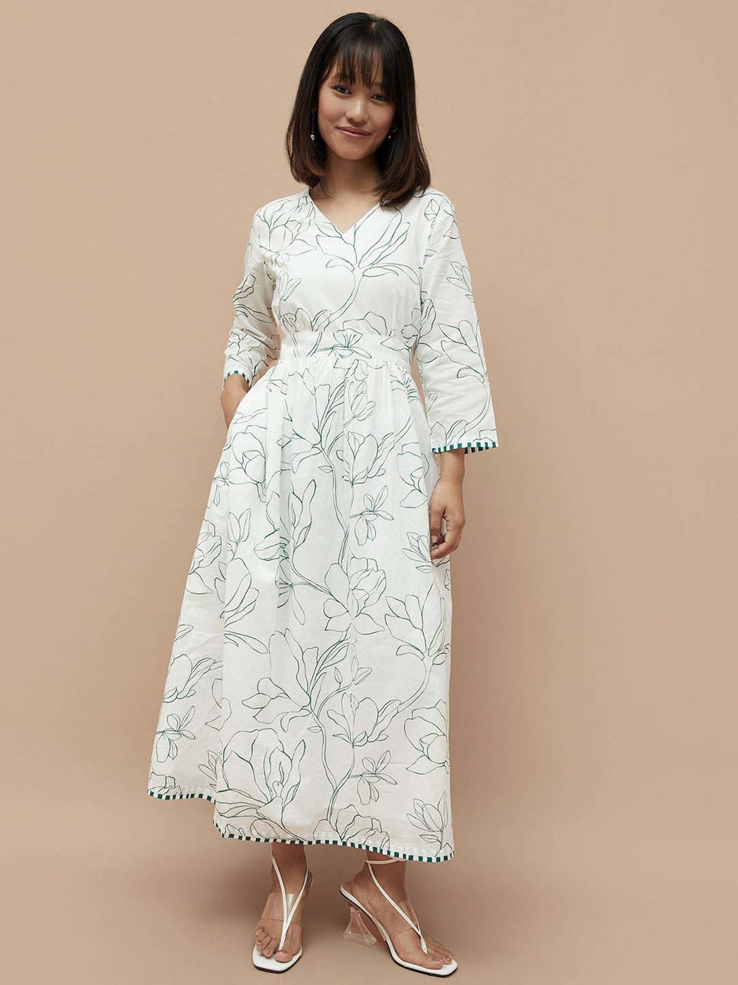 Colour Me by Melange White Cotton Printed Maxi Dress