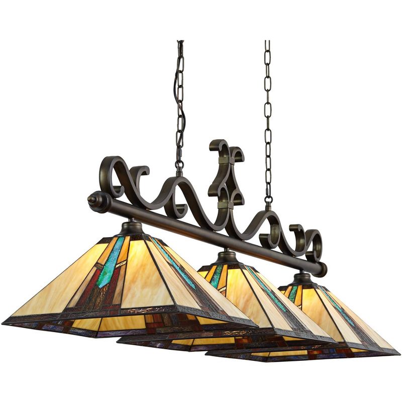 Robert Louis Tiffany Bronze Linear Island Pendant Chandelier 56" Wide Tiffany Style Ranier Art Glass 3-Light Fixture for Kitchen