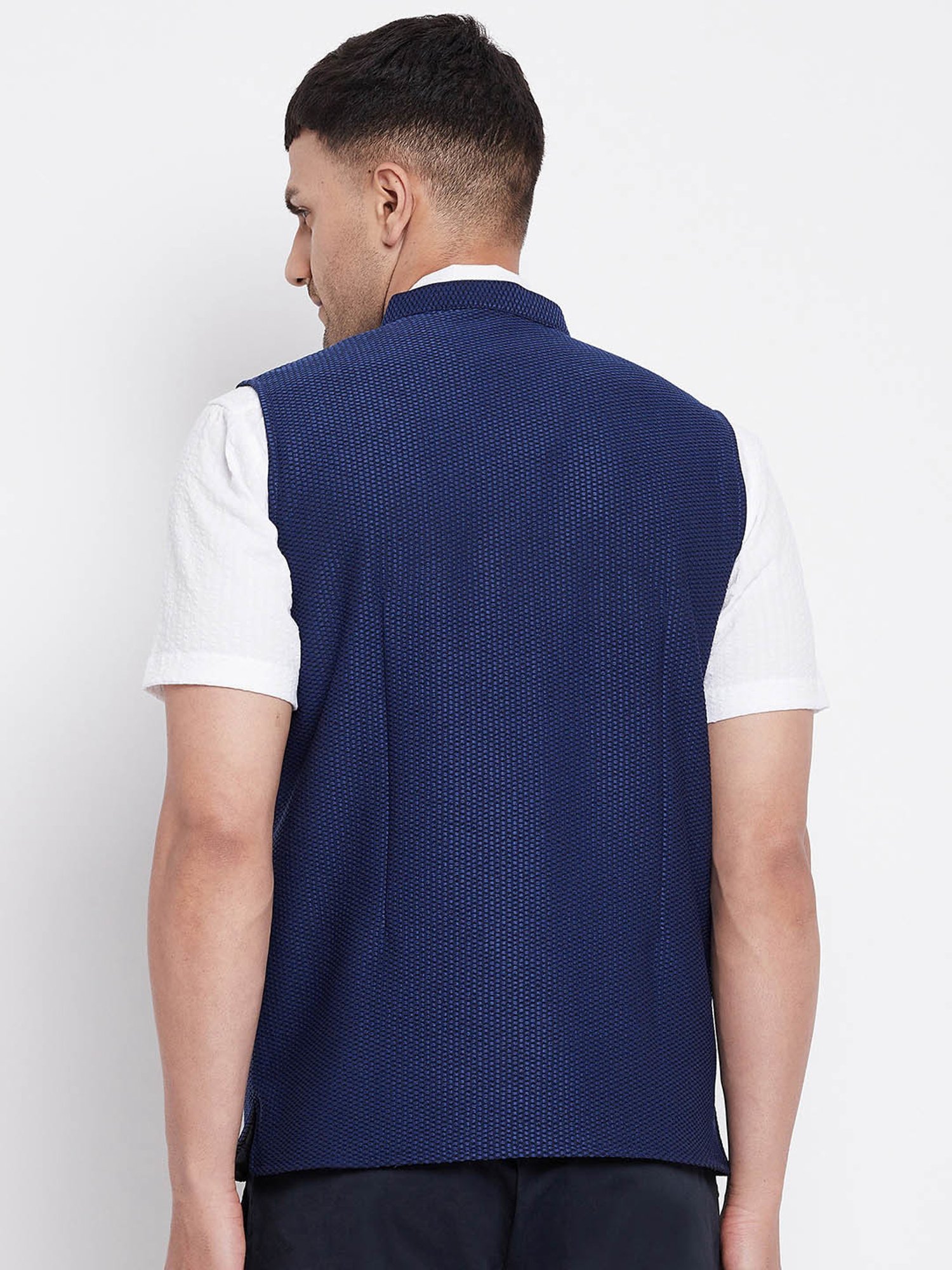 Even Navy Mandarin Collar Textured Nehru Jacket