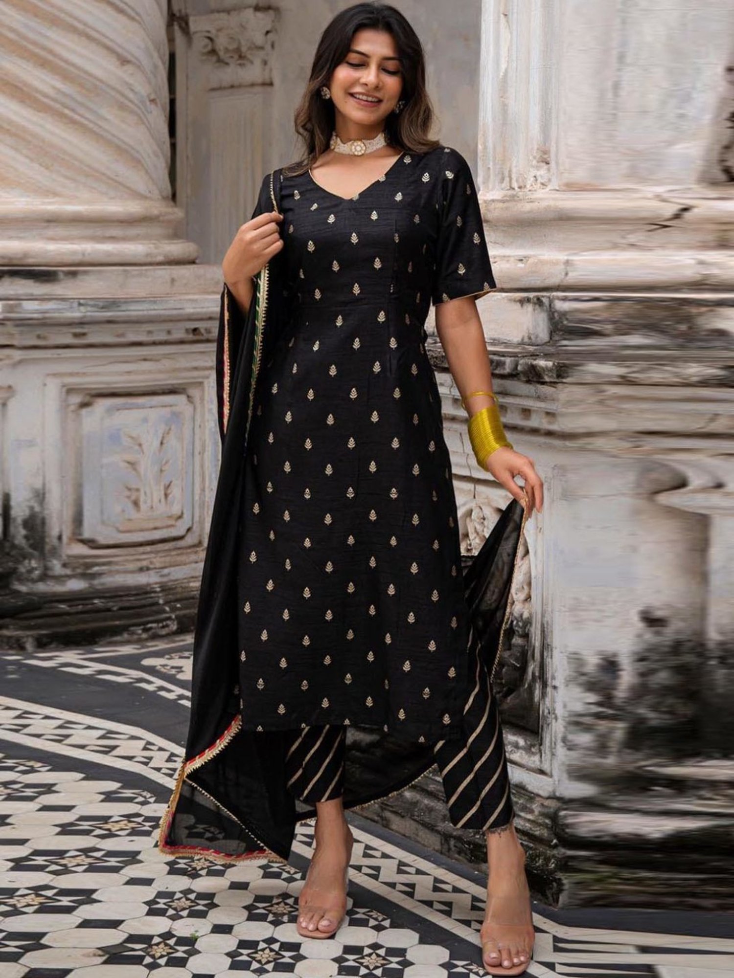 Eeshva India Black Rangaa Re Amee Kurta with Pant and Dupatta in Silk