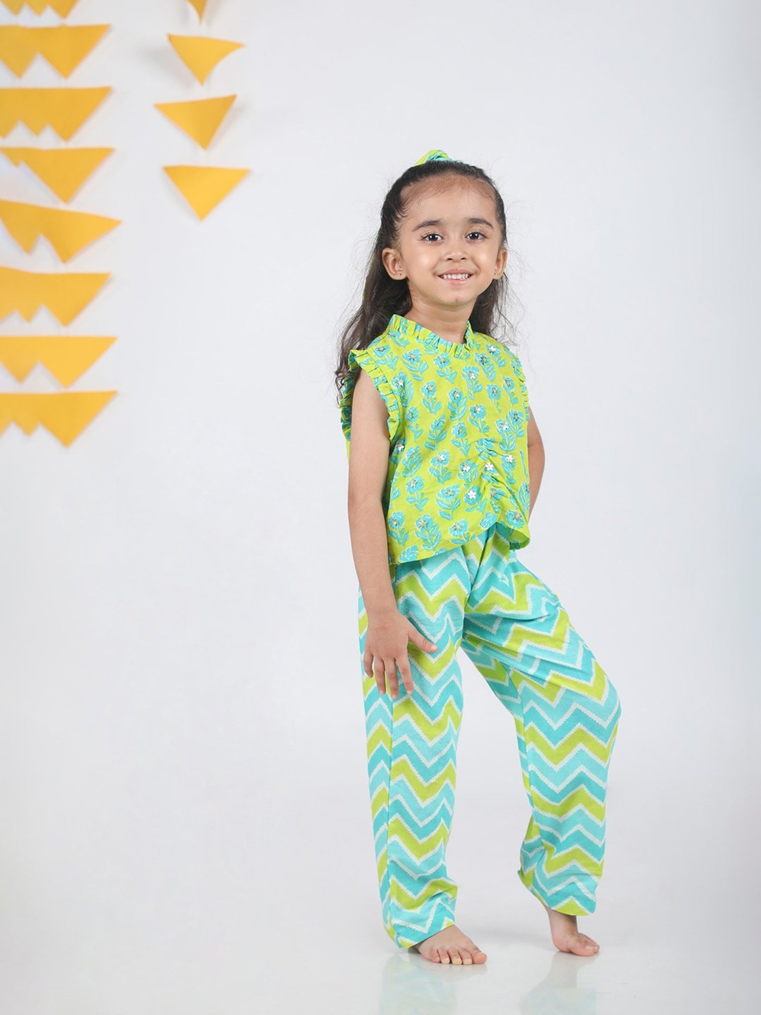 Budding Bees Kids Mint Green Printed Top, Trousers with Scrunchie