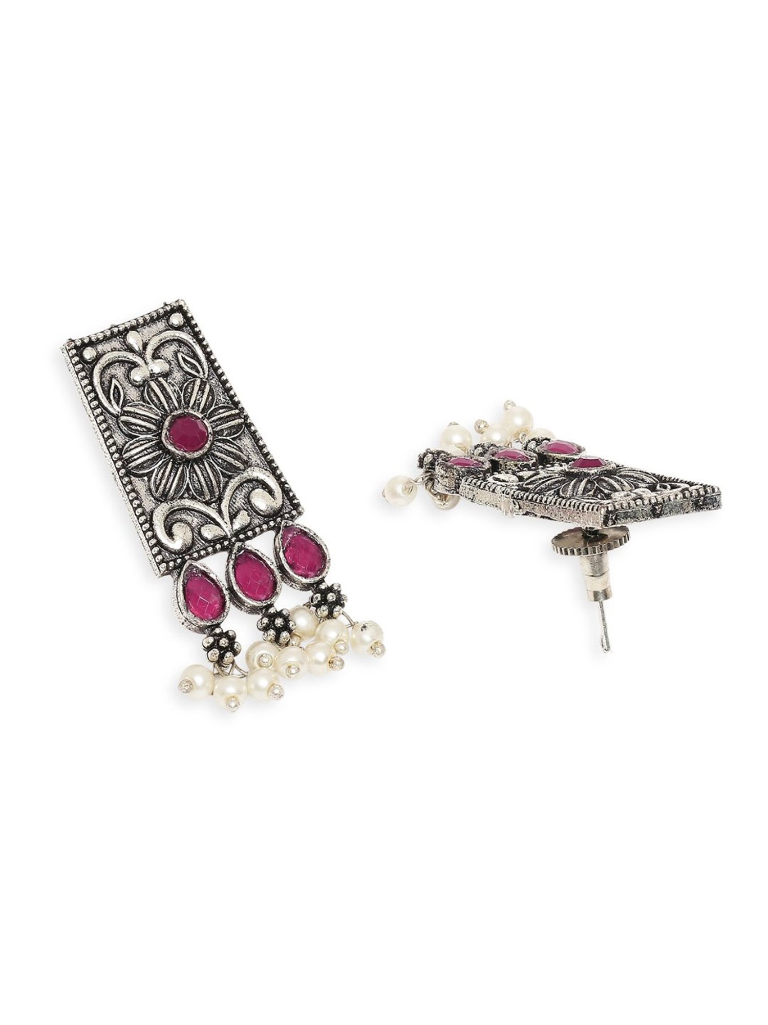 OOMPH Jewellery Oxidized Silver Look Alike Maroon & Pearls Geometric Floral Design Stud