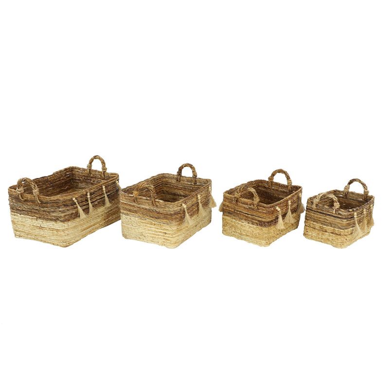 4pk Large Rectangle Banana Leaf  Baskets with Wood Beads & Tassels Brown & Beige