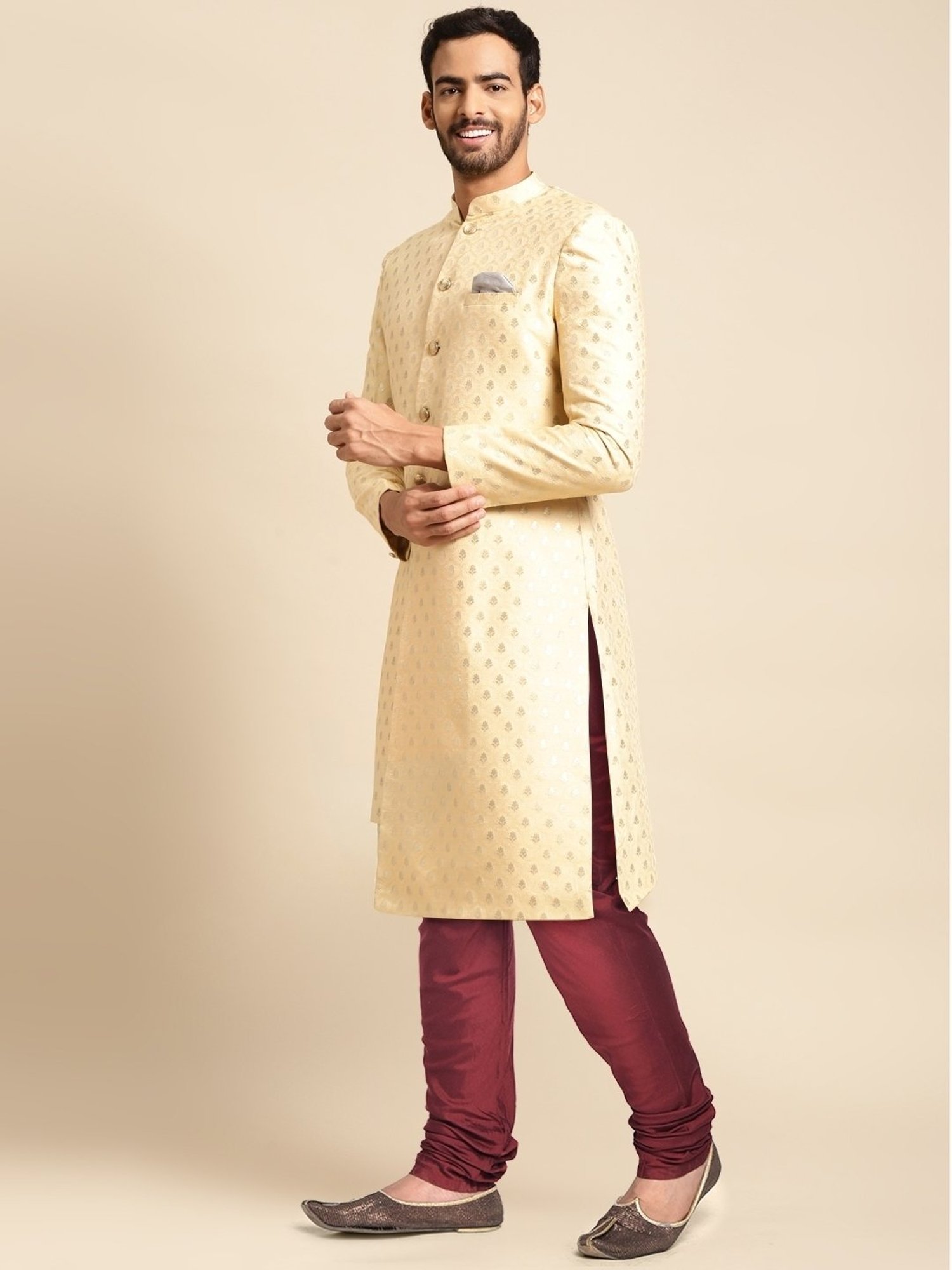 Hangup Plus Beige & Black Regular Fit Printed Sherwani Set