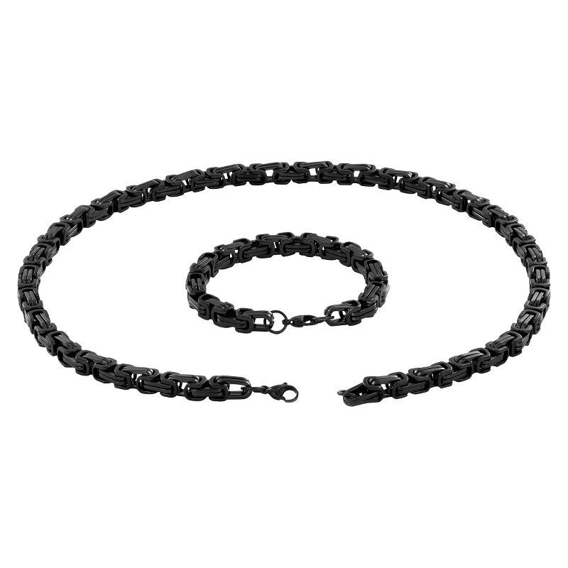 Men's Stainless Steel Plated Byzantine Chain Necklace and Bracelet Set - Black