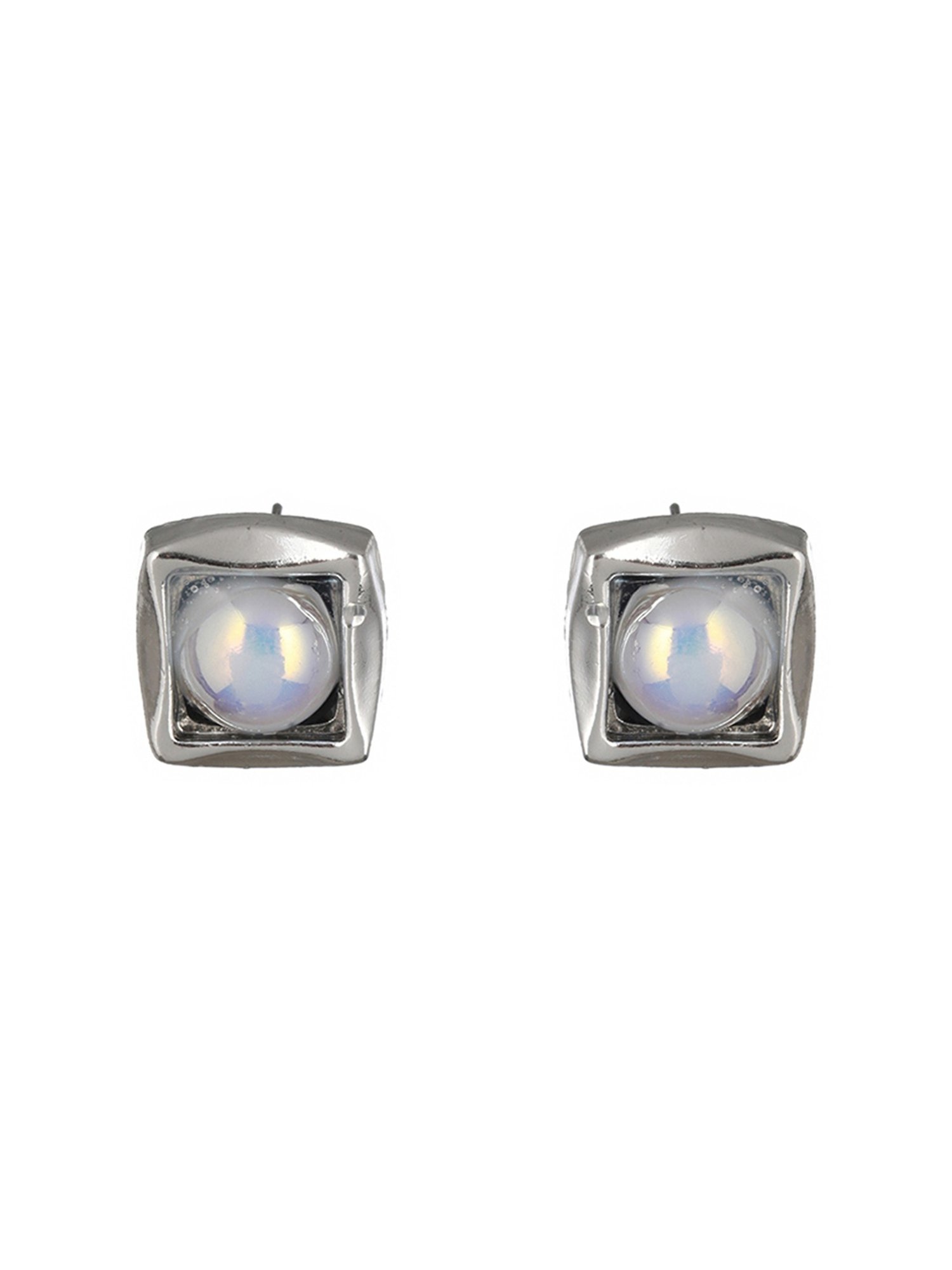 Prita by Priyaasi White Pearl Blocked Square Silver-Plated Stud Earrings