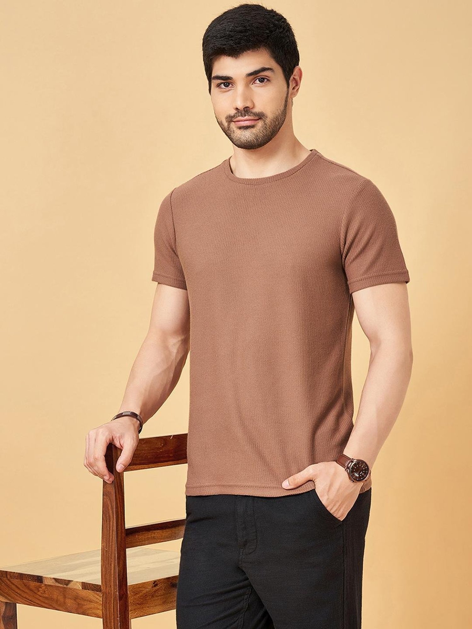7 Alt By Pantaloons Burlwood Slim Fit Texture T-Shirt