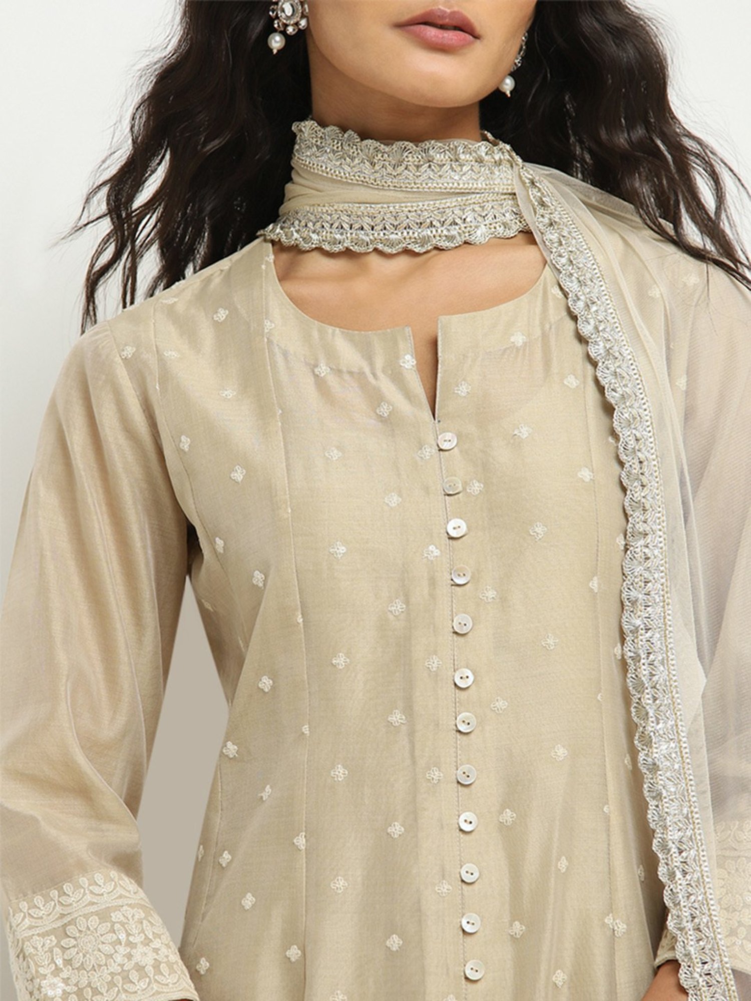 Vark by Westside Beige Embroidered A-Line Kurta, Pants and Dupatta Set