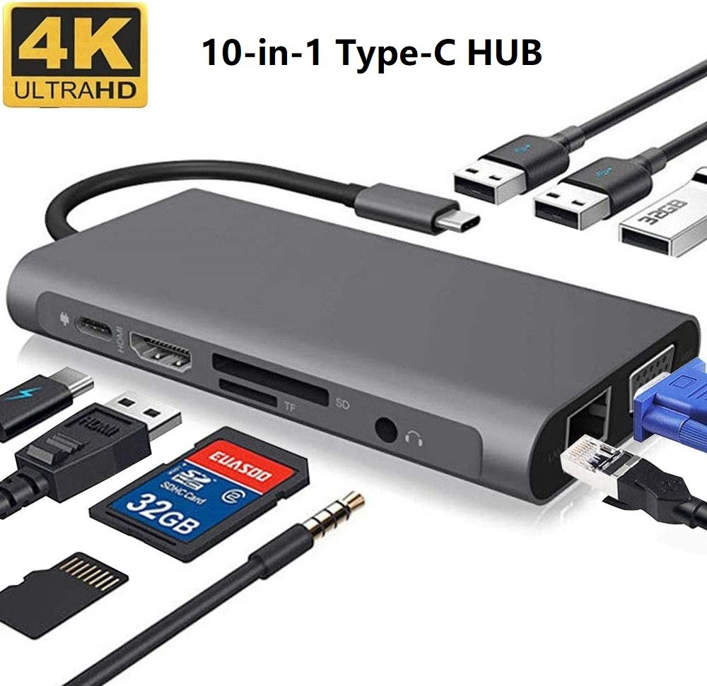 10-in-1 USB C HUB Type-C to HDMI / VGA / 1000M LAN / SD / TF / 3 x  USB / PD / Audio Dock, Thunderbolt 3 Compatible, 4K HDMI, Gigabit Ethernet, SD/TF Card Reader, 100W PD Charging, 10 in 1 USB-C HUB