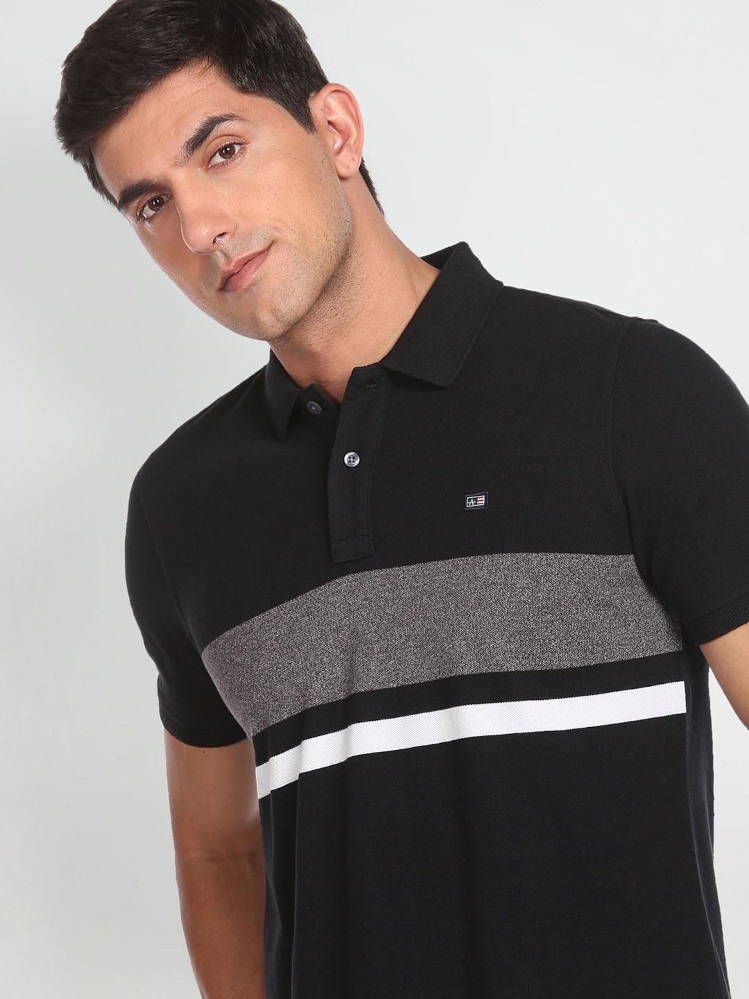 Arrow Sport Black Cotton Regular Fit Striped Polo T-Shirt