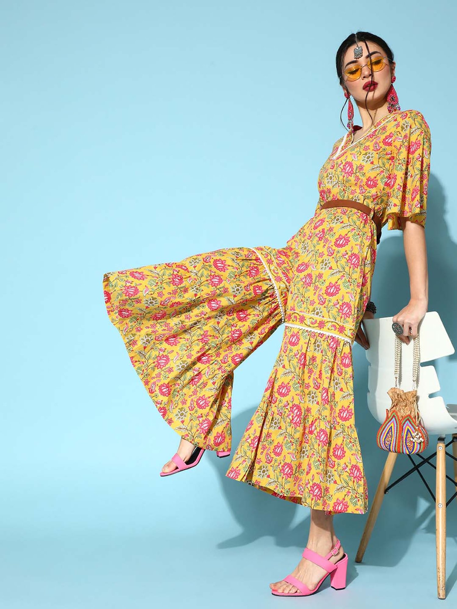 Yufta Yellow Cotton Floral Print Jumpsuit