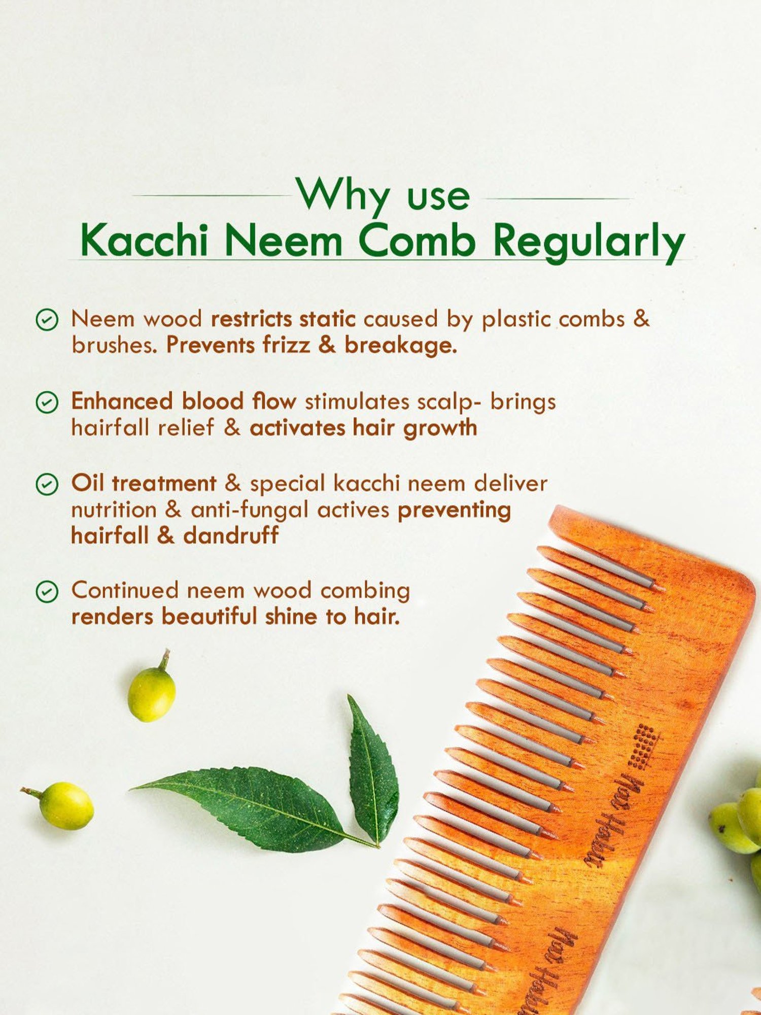 Nat Habit Kacchi Neem Wooden Wide Tooth Comb - Small